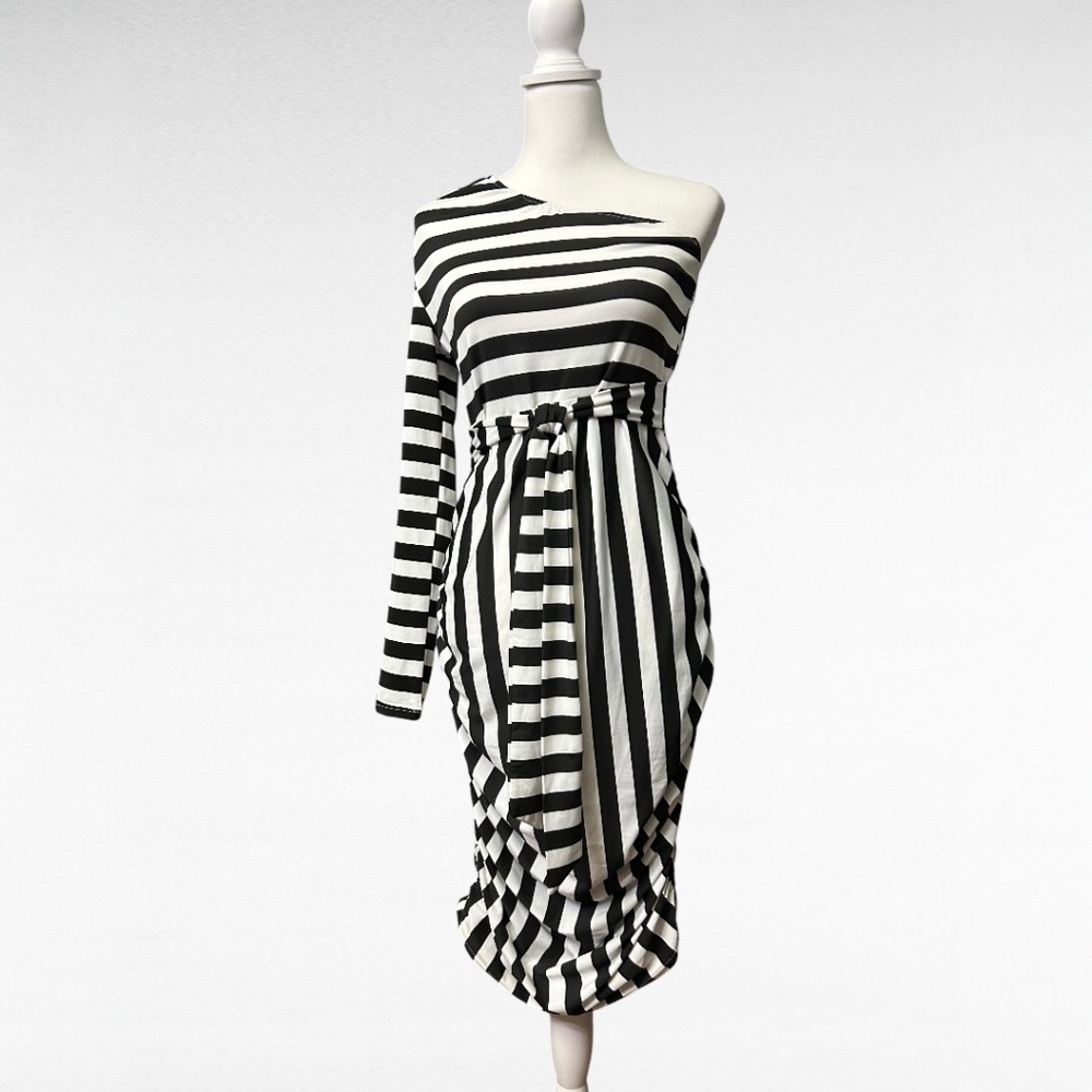 NWT. CBR Asymmetrical One Shoulder Dress, black & white stripe